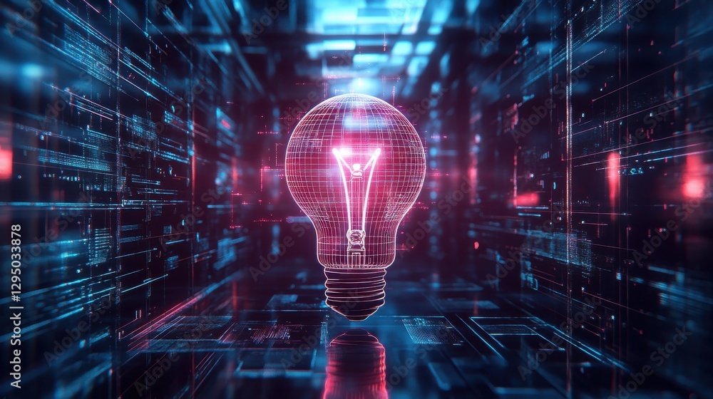 Poster digital light bulb in circuit background with neon glow and futuristic technology for innovation and