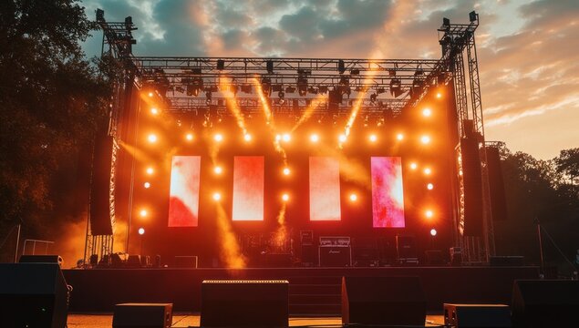 Illuminated stage with LED screens at sunset.