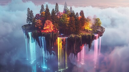 Floating Island with Colorful Waterfalls