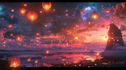 Stunning Lantern Festival Under a Cosmic Sky