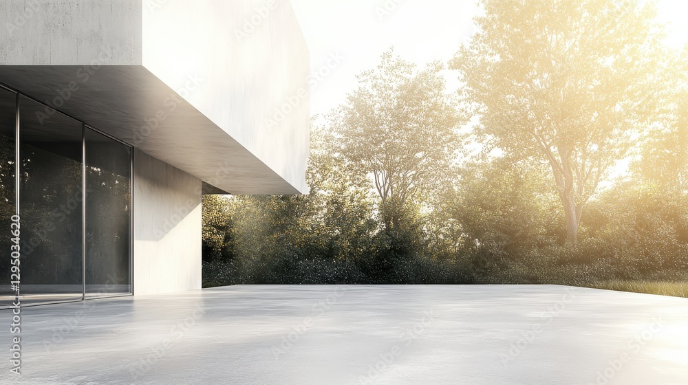 Poster modern architectural design with clean lines and tranquil nature background in soft sunlight