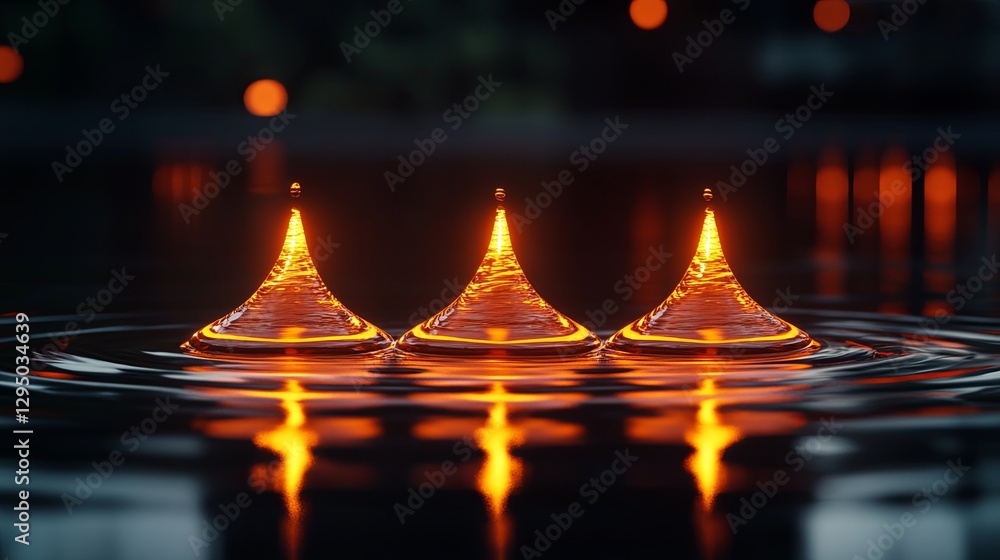 Poster ripples formed by water drops create a mesmerizing display at twilight with reflections shimmering i