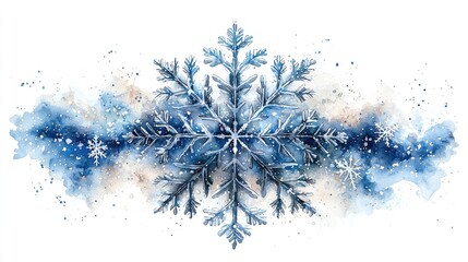 A stunning watercolor depiction of a snowflake with blue and white hues, set against a soft background