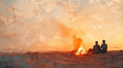 Warm Sunset Scene with Friends Sitting by a Beach Campfire