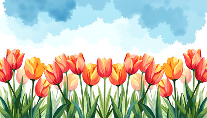 A bright field of tulips of different colors and shades grow neatly in a row under the blue sky, conveying spring joy