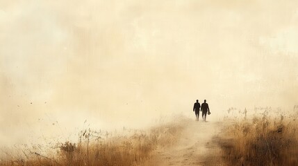 Fototapeta premium Two People Walking Together on a Foggy Path in Nature