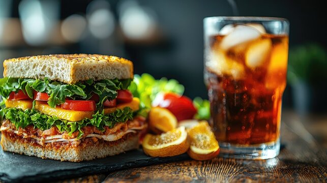 Delicious sandwich with fresh vegetables and a refreshing drink on a rustic wooden table - Powered by Adobe