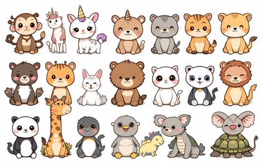 Obraz premium Cartoon Animals Collection Cute Monkey Unicorns Bears and More for Children