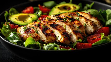 Grilled chicken salad with fresh vegetables and avocado served in a dark bowl on a table