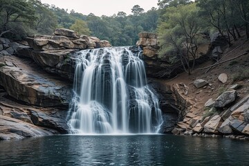 Fototapeta premium Tranquil Waterfall Flowing Over Rocky Hills in Peaceful Nature Landscape