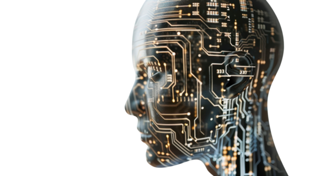 Artificial intelligence forming inside human head with transparent background