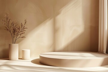 Minimalistic Beige Podium Stage in Brown Cream Empty Room for Showcasing Beauty Products