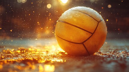 Close-up of a wet basketball on a reflective surface during a sunset, showcasing vibrant colors