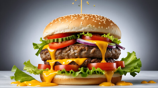 The image features a dynamic, mouthwatering cheeseburger with ingredients suspended in mid-air. Melting cheese splashes dramatically, complementing the juicy beef patty, fresh lettuce, tomatoes, jalap