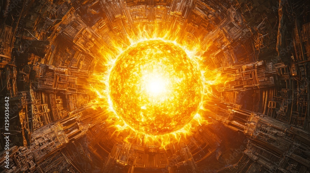 Poster glowing fiery sun surrounded by futuristic geometric structures and abstract technology in a cosmic 