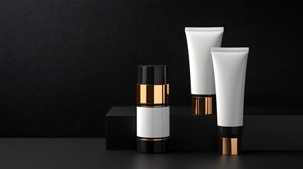 Elegant Cosmetics Product Display: Luxury Skincare Set on Black Background