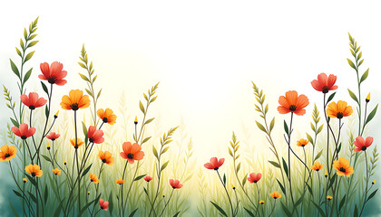 Bright meadow flowers on a light background in green grass under soft sunlight create an atmosphere of tranquility