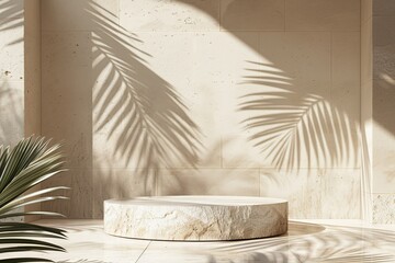 Ultra Hd Image of Natural Stone Podium with Palm Shadow and Sunlight