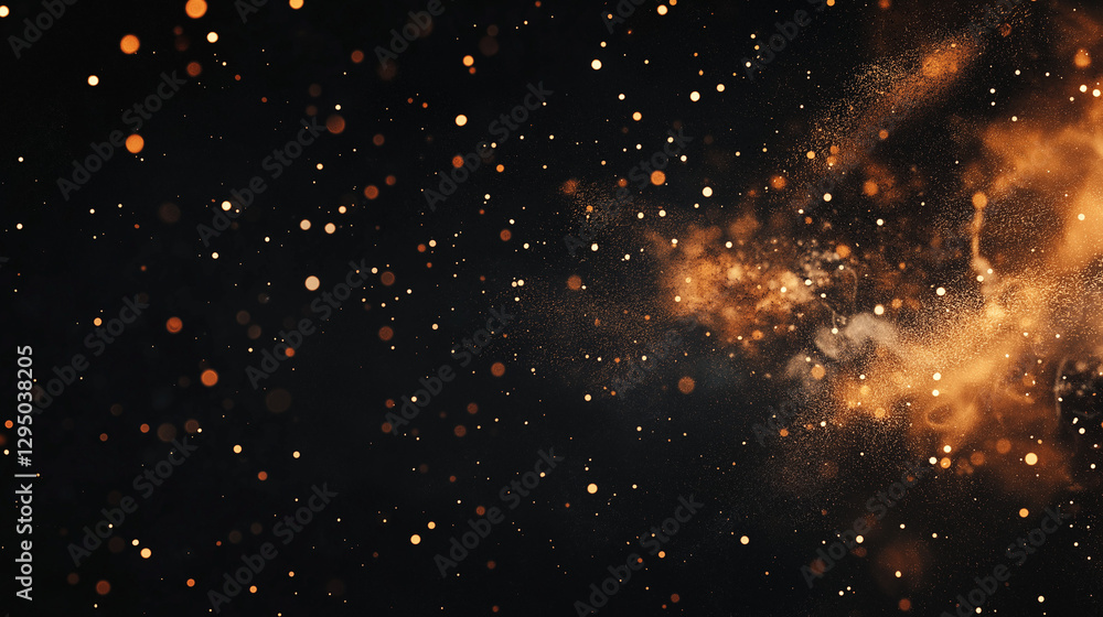 Poster cosmic dust: captivating scene of radiant golden particles scattered against a backdrop of rich dark