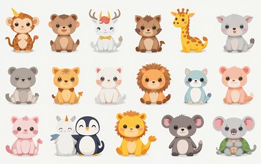 Obraz premium Cute Cartoon Animal Collection Illustration featuring Monkey, Lion, Bear and More