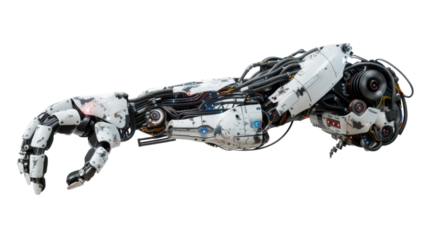 Robotic arm reaching out on transparent background