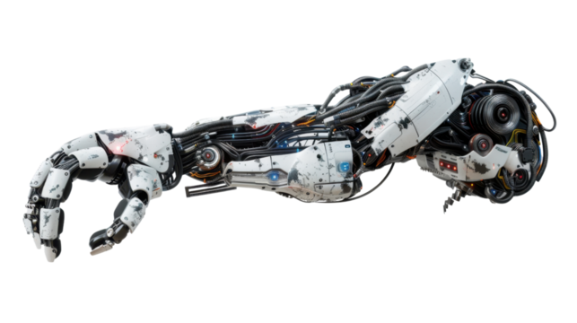 Robotic arm reaching out on transparent background