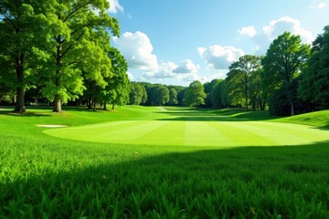 Naklejka premium Deep green, short-cropped golf course grass; shadows add depth , smooth, rich