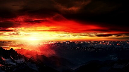 Naklejka premium Fiery Sunset Over Snowy Mountain Range and Cityscape