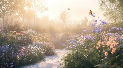 Sunlit Garden Path with Butterflies and Blooming Flowers