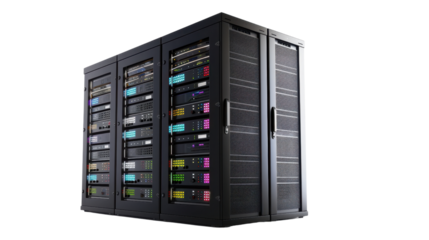 Modern server rack blinking with led lights on transparent background