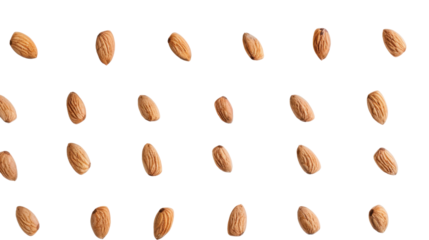 Many almonds falling on transparent background