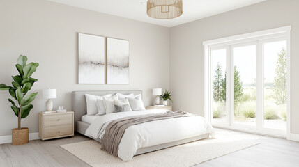 Serene Bedroom: a cozy and sunlit bedroom with a large bed, nightstands, and large doors leading outside, with soft color tones and natural light