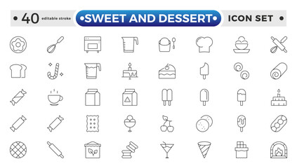 Sweet and Dessert outline icon set Containing Honey Jar, Toffee, Swirl, Birthday Cake, Chocolate Bar, Piece Of Cake, Cookie, Donuts, Cake Slice, Brigadeiro. Editable stroke outline icon.