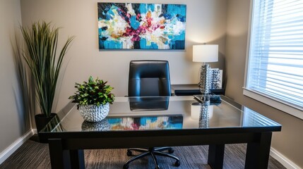 Modern office interior with stylish furniture, decorative art, and vibrant plant arrangement for professional setting