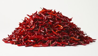 Fototapeta premium Large pile of dried red chili peppers on white background.