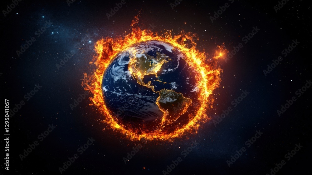 Poster fireball engulfing the earth captured in a vivid photographic image with intense colors and dynamic 