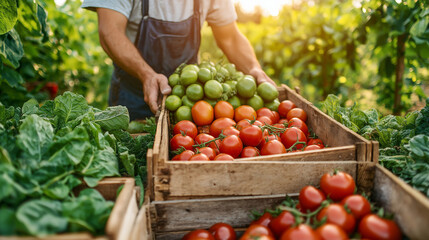 Harvest Bounty: A farmer in a sun-drenched greenhouse, presenting a bountiful harvest of fresh, ripe tomatoes and vibrant green vegetables, celebrating the rewards of sustainable farming.