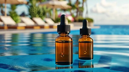 Poolside serum bottles, resort background, wellness