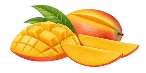 Fototapeta premium Juicy Ripe Mango Slices – Fresh Tropical Fruit Cut Out on Transparent Background Delicious Mango Pieces – High-Quality Generative AI Cut Out for Creative Designs