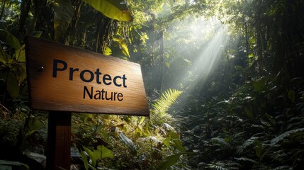 Protect Nature Sign Surrounded by Lush Green Forest with Sunlight Streaming Through Trees in Tropical Landscape