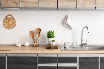Houseplants and dishware near white wall on table in kitchen