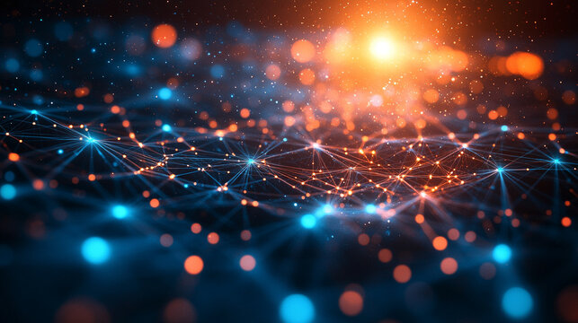 Abstract big data visualization in cyberspace with digital circles and random web fragments, representing information particles in a neural network for a futuristic modern theme