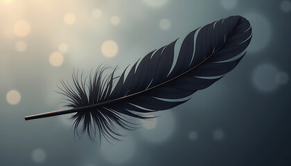 Fine black feather in flight: minimalism and symbolism of the fragility of life, evoking feelings of sadness and deep reflection