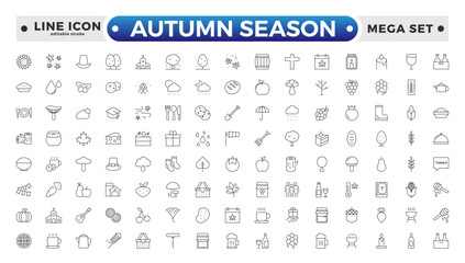 Autumn season outline Icons set. Collection of fall related objects, plants and animals, holidays, celebrations. Editable stroke outline icon.
