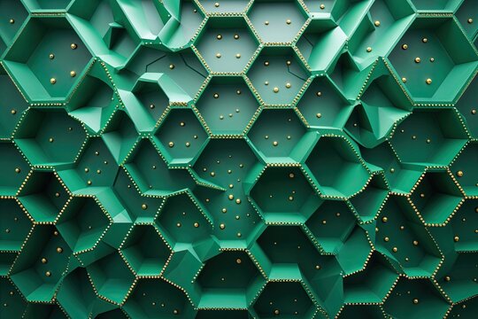 Elegant 3D Emerald Green Backdrop with Hexagonal Pattern and Intricate Dotted Design in Digital Technology