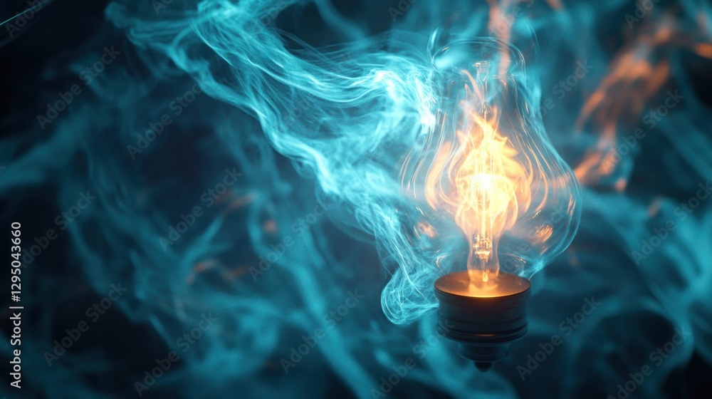 Poster glowing gas lamp illuminating swirling blue smoke in a darkened environment during an evening settin