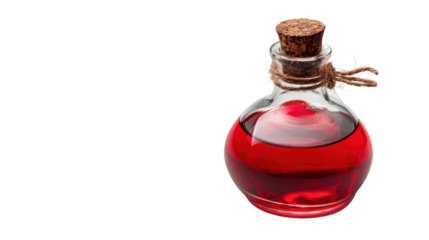 Glass potion bottle filled with red liquid on transparent background