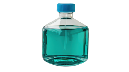 Transparent laboratory bottle containing a light blue chemical solution