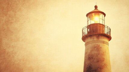 Vintage Lighthouse with Light Beacon Against Warm Sky Background
