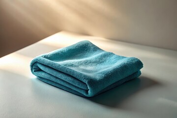 A neatly folded teal towel rests on a smooth surface, bathed in soft sunlight